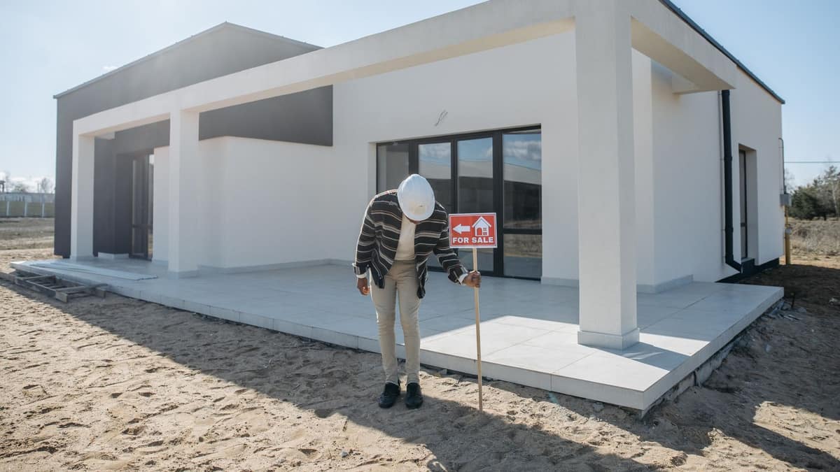 Agent placing a for-sale sign outside a newly built Texas home